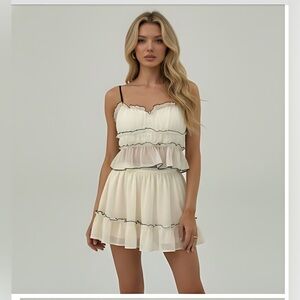 Boho Cropped Cami Top With Contrasting Trim & Matching Mini Skirt Beige